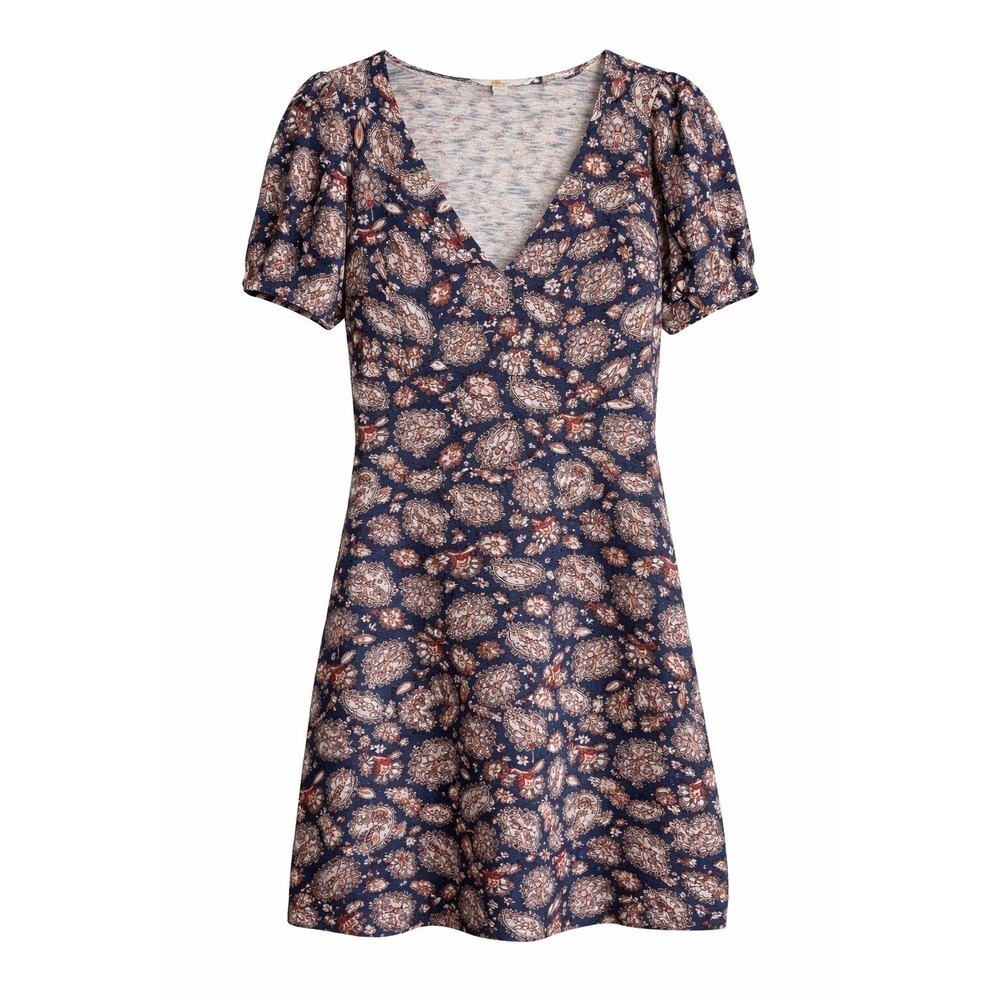 Boden Blue Paisley Jersey Dress Size 6 Puff Sleeve Preppy Romantic Cotton Mini